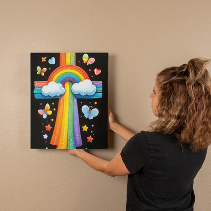 Rainbow Cross Butterfly | Christian Gallery Wrapped Canvas | Gift for Kids