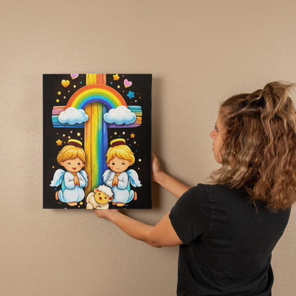 Rainbow Cross Cherub Angels | Christian Gallery Wrapped Canvas | Gift for Kids