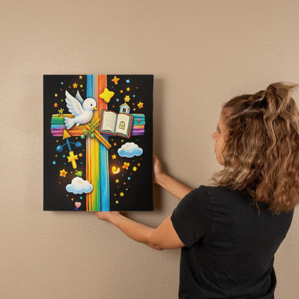 Rainbow Cross Open Bible | Christian Gallery Wrapped Canvas | Gift for Kids