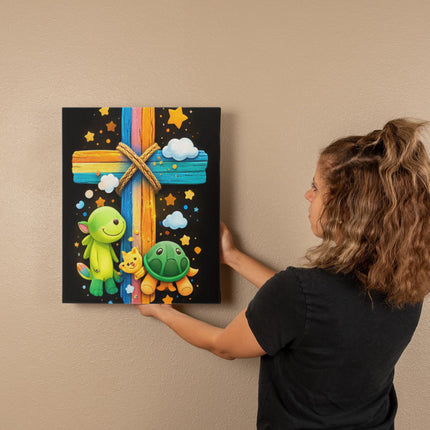 Rainbow Cross Turtle | Christian Gallery Wrapped Canvas | Gift for Kids
