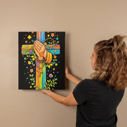 Rainbow Cross Praying Hands | Christian Gallery Wrapped Canvas | Gift for Kids