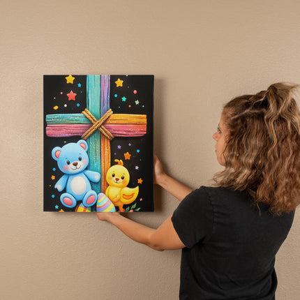 Rainbow Cross Teddy Bear | Christian Gallery Wrapped Canvas | Gift for Kids