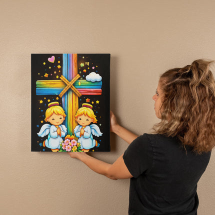 Rainbow Cross Angel Twins | Christian Gallery Wrapped Canvas | Gift for Kids