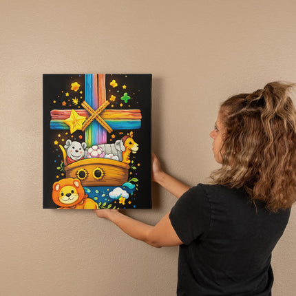 Rainbow Cross Noahs Ark | Christian Gallery Wrapped Canvas | Gift for Kids