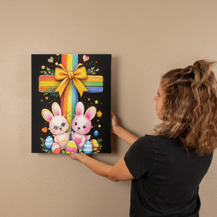 Rainbow Cross Bunnies | Christian Gallery Wrapped Canvas | Gift for Kids