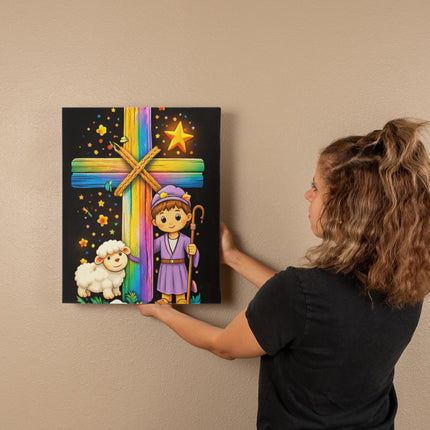 Rainbow Cross Little Shepherd | Christian Gallery Wrapped Canvas | Gift for Kids