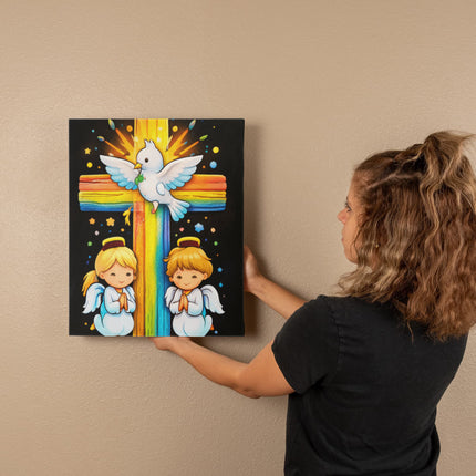 Rainbow Cross Angels And Dove | Christian Gallery Wrapped Canvas | Gift for Kids