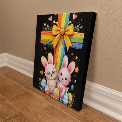 Rainbow Cross Bunnies | Christian Gallery Wrapped Canvas | Gift for Kids