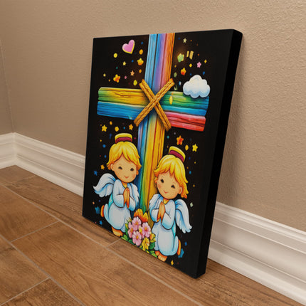 Rainbow Cross Angel Twins | Christian Gallery Wrapped Canvas | Gift for Kids