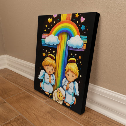 Rainbow Cross Cherub Angels | Christian Gallery Wrapped Canvas | Gift for Kids