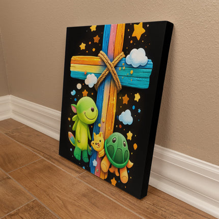 Rainbow Cross Turtle | Christian Gallery Wrapped Canvas | Gift for Kids