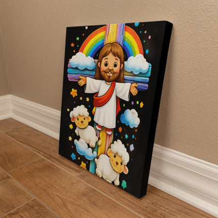 Rainbow Cross Jesus And Lamb | Christian Gallery Wrapped Canvas | Gift for Kids