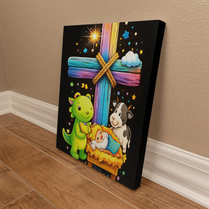 Rainbow Cross Frog And Cow | Christian Gallery Wrapped Canvas | Gift for Kids