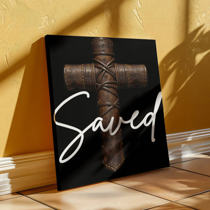 Saved Leather Cross Canvas Wall Art – Christian Gift for Men