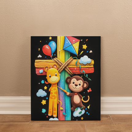 Rainbow Cross Jungle Animals | Christian Gallery Wrapped Canvas | Gift for Kids