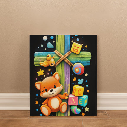 Rainbow Cross Little Fox | Christian Gallery Wrapped Canvas | Gift for Kids