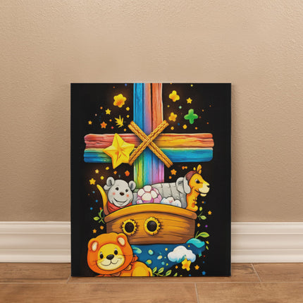 Rainbow Cross Noahs Ark | Christian Gallery Wrapped Canvas | Gift for Kids