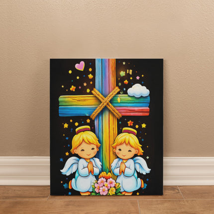Rainbow Cross Angel Twins | Christian Gallery Wrapped Canvas | Gift for Kids