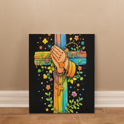 Rainbow Cross Praying Hands | Christian Gallery Wrapped Canvas | Gift for Kids