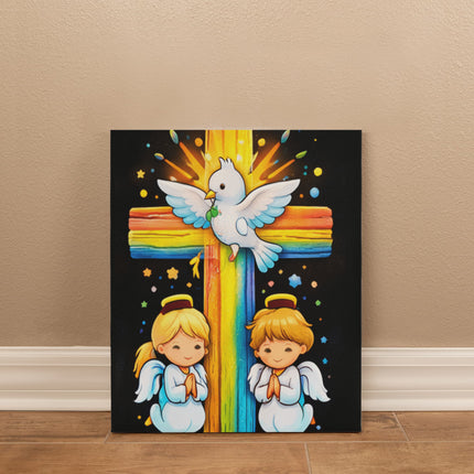 Rainbow Cross Angels And Dove | Christian Gallery Wrapped Canvas | Gift for Kids
