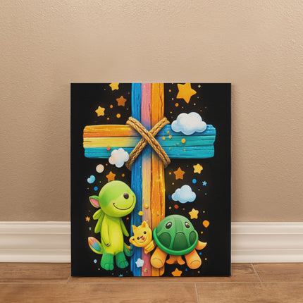 Rainbow Cross Turtle | Christian Gallery Wrapped Canvas | Gift for Kids