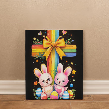 Rainbow Cross Bunnies | Christian Gallery Wrapped Canvas | Gift for Kids