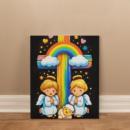 Rainbow Cross Cherub Angels | Christian Gallery Wrapped Canvas | Gift for Kids