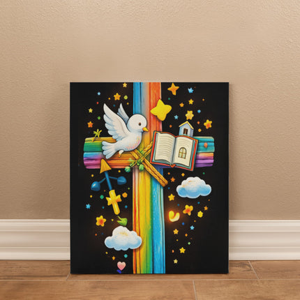 Rainbow Cross Open Bible | Christian Gallery Wrapped Canvas | Gift for Kids