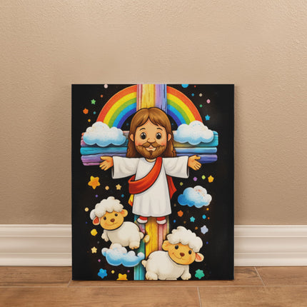 Rainbow Cross Jesus And Lamb | Christian Gallery Wrapped Canvas | Gift for Kids