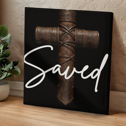Saved Leather Cross Canvas Wall Art – Christian Gift for Men