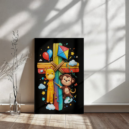 Rainbow Cross Jungle Animals | Christian Gallery Wrapped Canvas | Gift for Kids