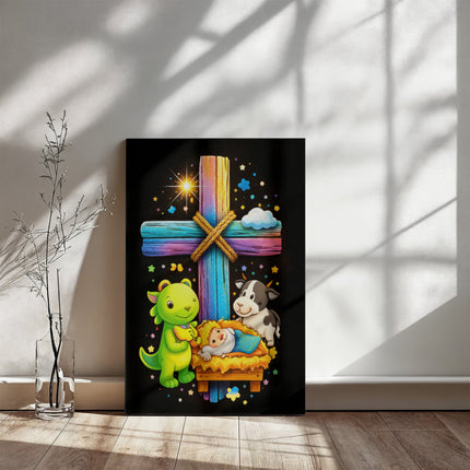Rainbow Cross Frog And Cow | Christian Gallery Wrapped Canvas | Gift for Kids