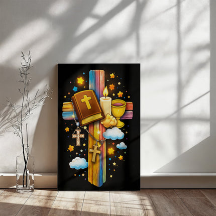 Rainbow Cross Bible And Cross | Christian Gallery Wrapped Canvas | Gift for Kids