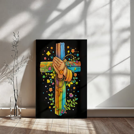 Rainbow Cross Praying Hands | Christian Gallery Wrapped Canvas | Gift for Kids