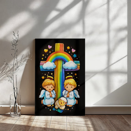 Rainbow Cross Cherub Angels | Christian Gallery Wrapped Canvas | Gift for Kids