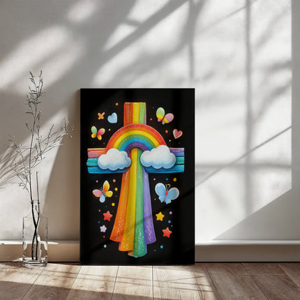 Rainbow Cross Butterfly | Christian Gallery Wrapped Canvas | Gift for Kids
