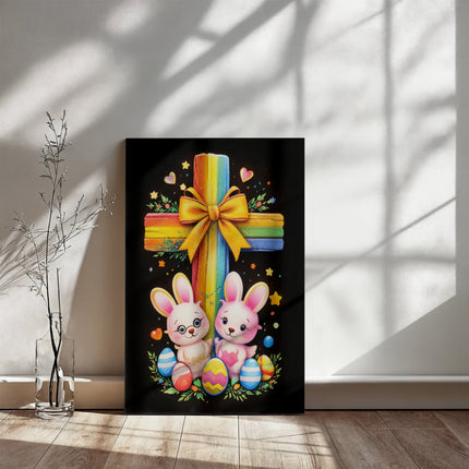 Rainbow Cross Bunnies | Christian Gallery Wrapped Canvas | Gift for Kids