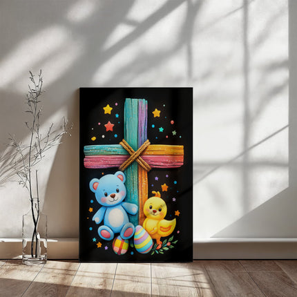 Rainbow Cross Teddy Bear | Christian Gallery Wrapped Canvas | Gift for Kids