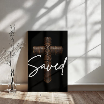 Saved Leather Cross Canvas Wall Art – Christian Gift for Men