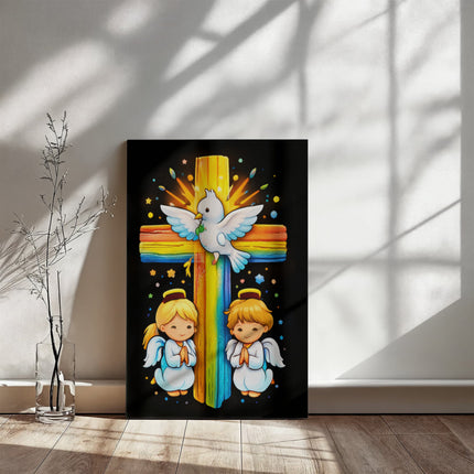Rainbow Cross Angels And Dove | Christian Gallery Wrapped Canvas | Gift for Kids