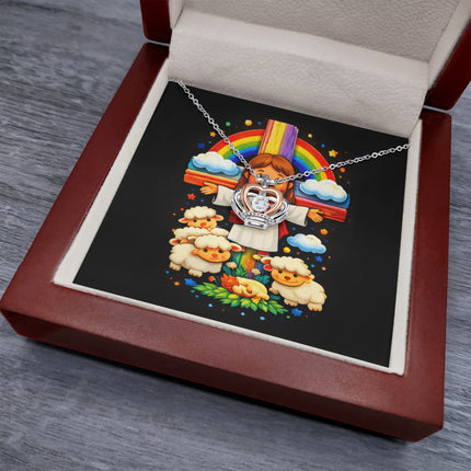 Jesus And Little Lambs | Christian Crown Pendant Necklace | Gift for Kids