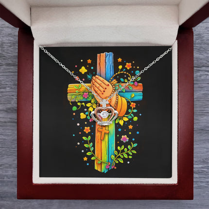 Rainbow Cross Praying Hands | Christian Crown Pendant Necklace | Gift for Kids