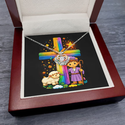 Rainbow Cross Little Shepherd | Christian Crown Pendant Necklace | Gift for Kids