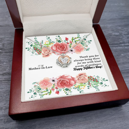 Sterling silver and rose gold crown pendant necklace with a sparkling cubic zirconia center, displayed in a mahogany luxury LED gift box with a To My Mother-in-Law Happy Mother's Day floral message card.