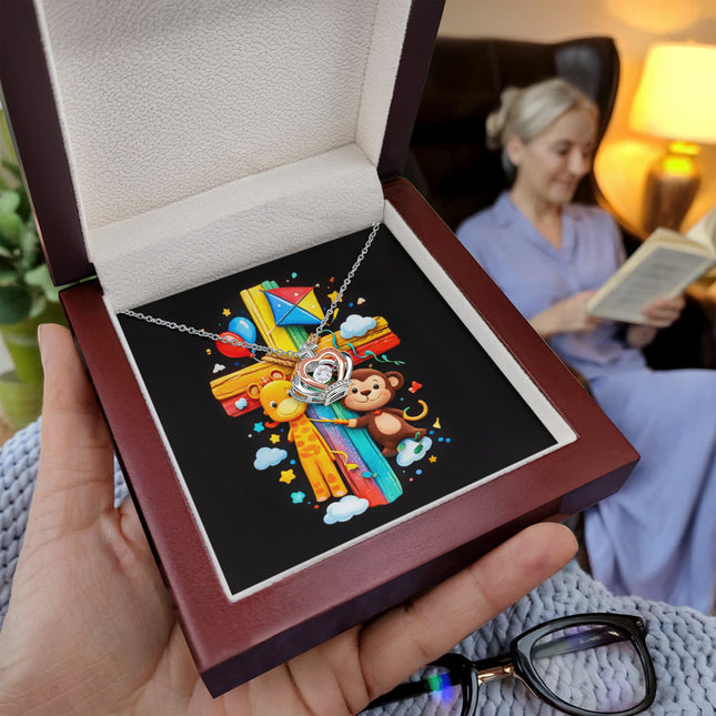 Rainbow Cross Jungle Animals | Christian Crown Pendant Necklace | Gift for Kids