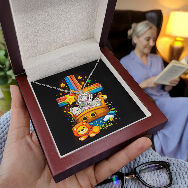 Rainbow Cross Noahs Ark | Christian Crown Pendant Necklace | Gift for Kids