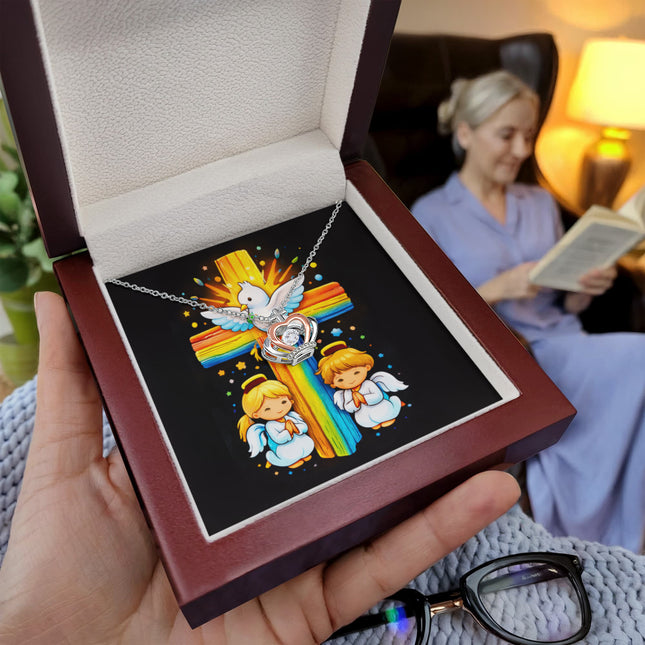 Rainbow Cross Angels And Dove | Christian Crown Pendant Necklace | Gift for Kids