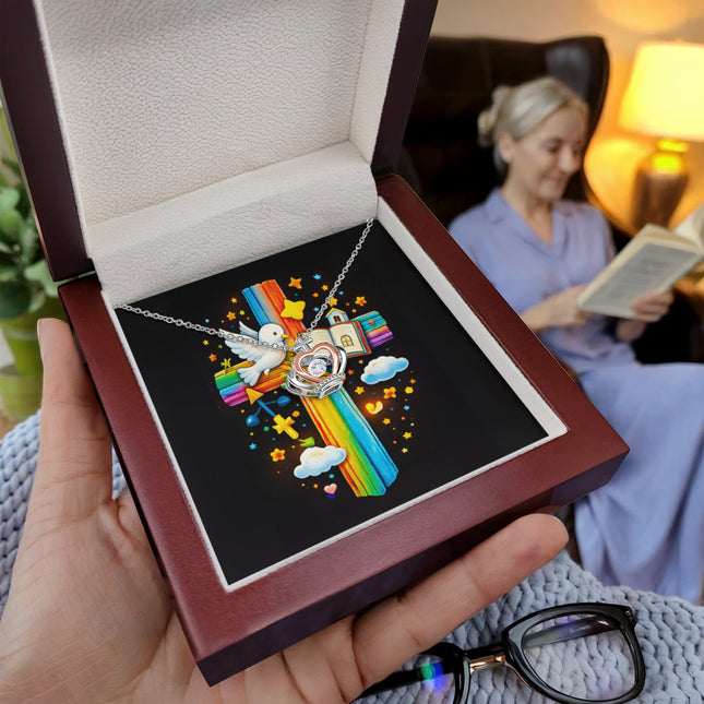 Rainbow Cross Open Bible | Christian Crown Pendant Necklace | Gift for Kids
