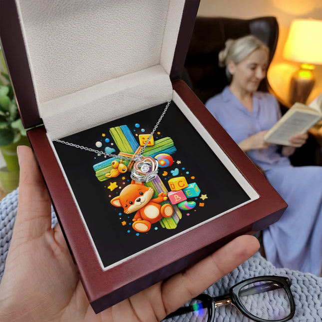 Rainbow Cross Little Fox | Christian Crown Pendant Necklace | Gift for Kids