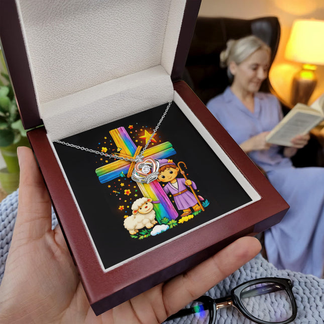 Rainbow Cross Little Shepherd | Christian Crown Pendant Necklace | Gift for Kids